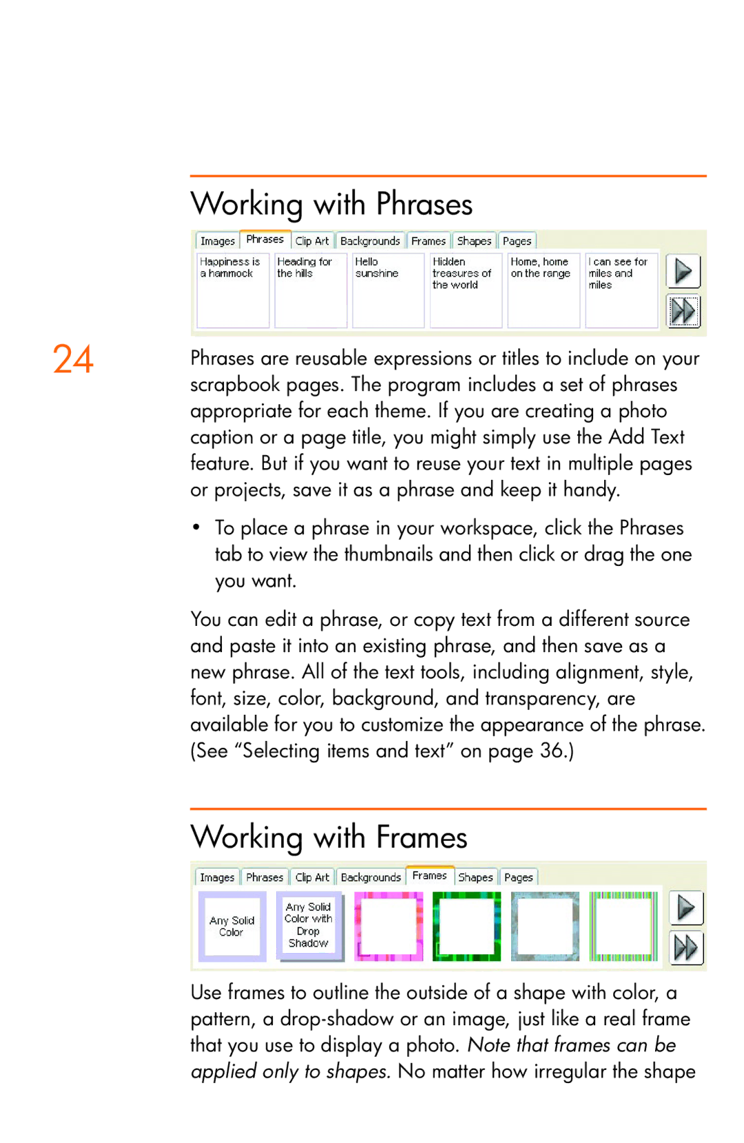 HP Creative Scrapbook Assistant manual Working with Phrases, Working with Frames 