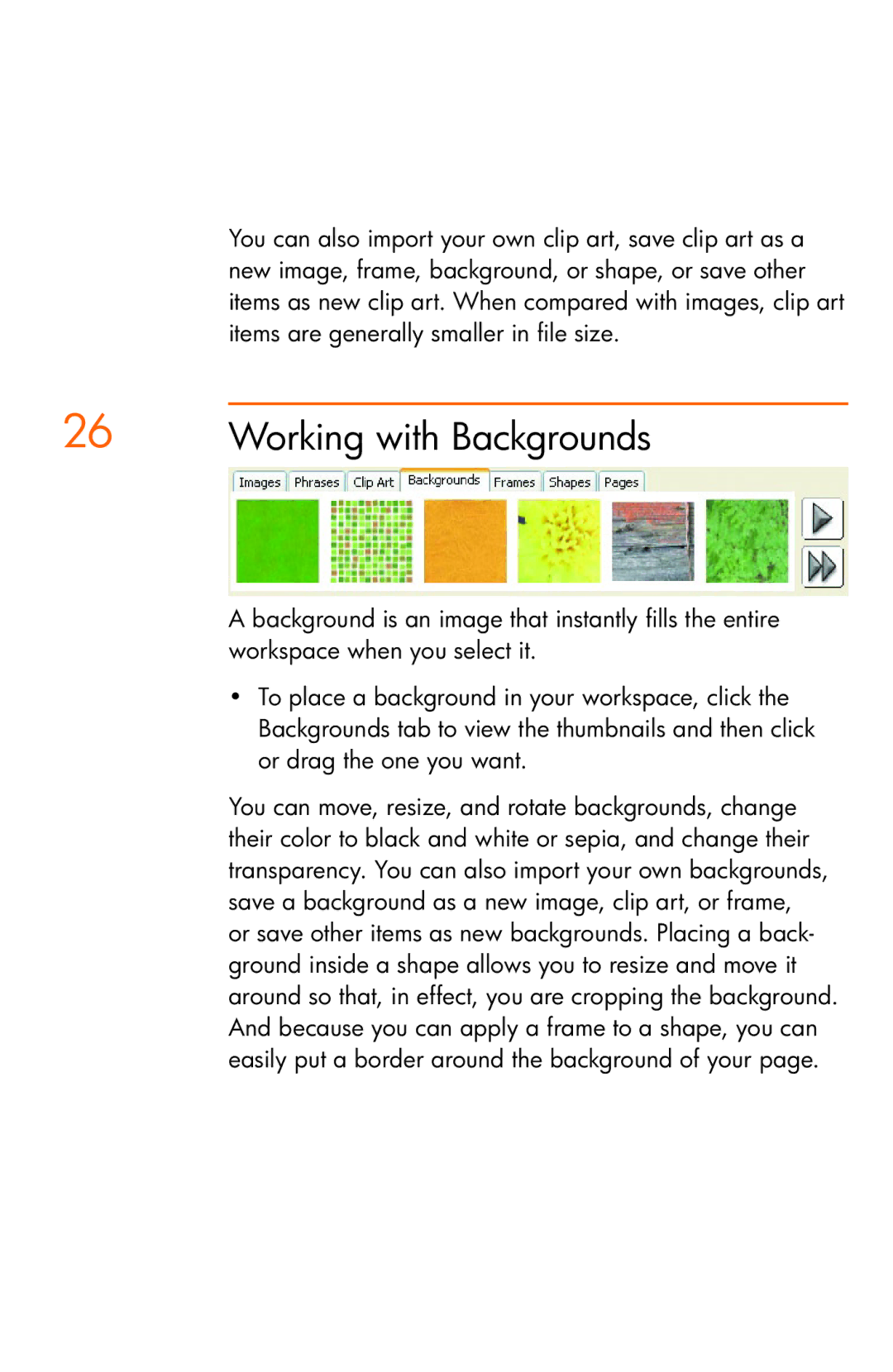 HP Creative Scrapbook Assistant manual Working with Backgrounds 