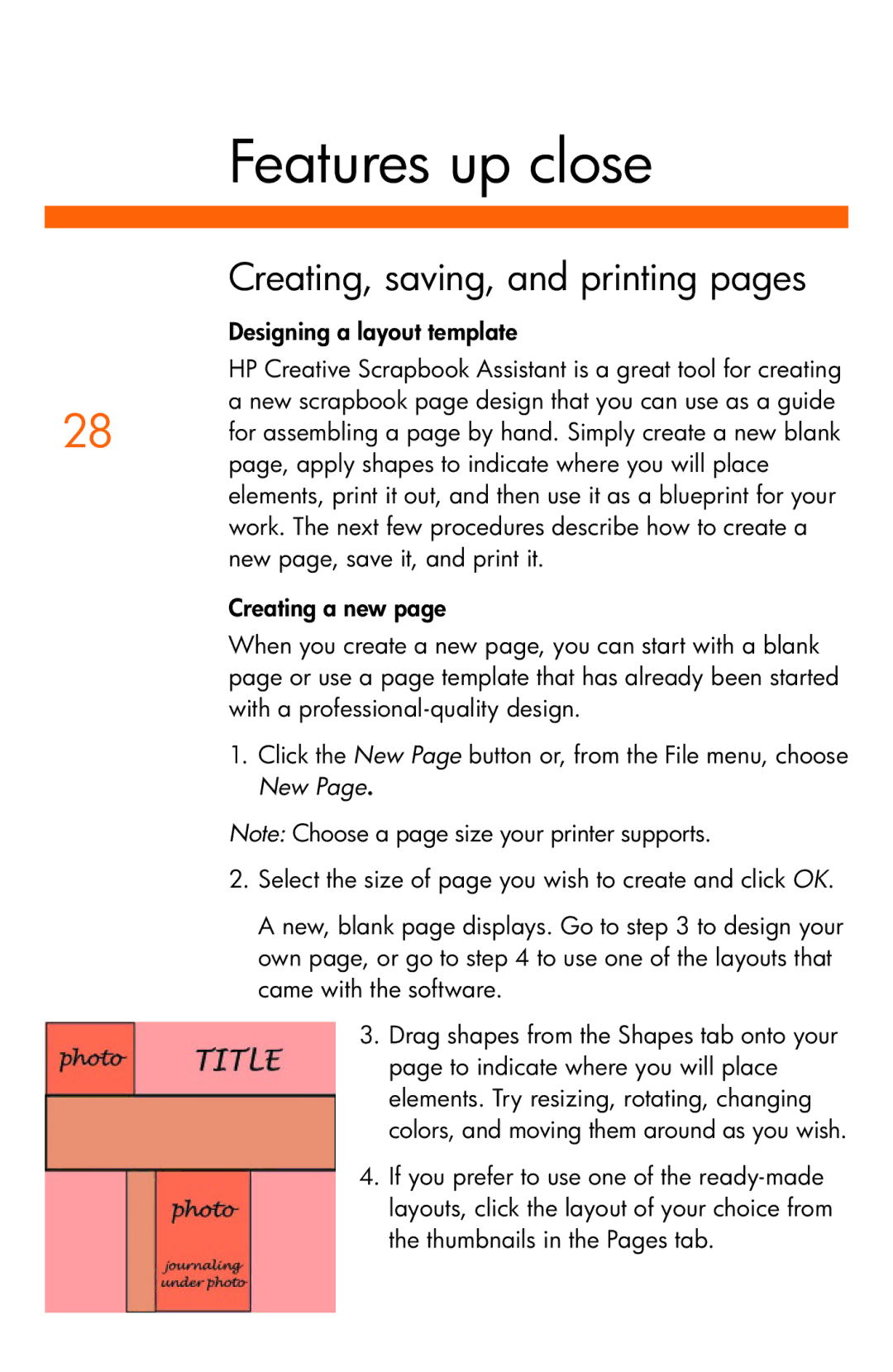 HP Creative Scrapbook Assistant manual Features up close, Creating, saving, and printing pages, Designing a layout template 