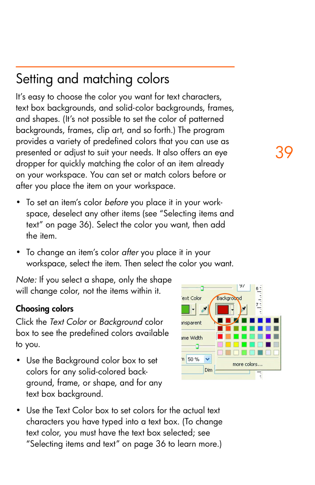 HP Creative Scrapbook Assistant manual Setting and matching colors, Choosing colors 