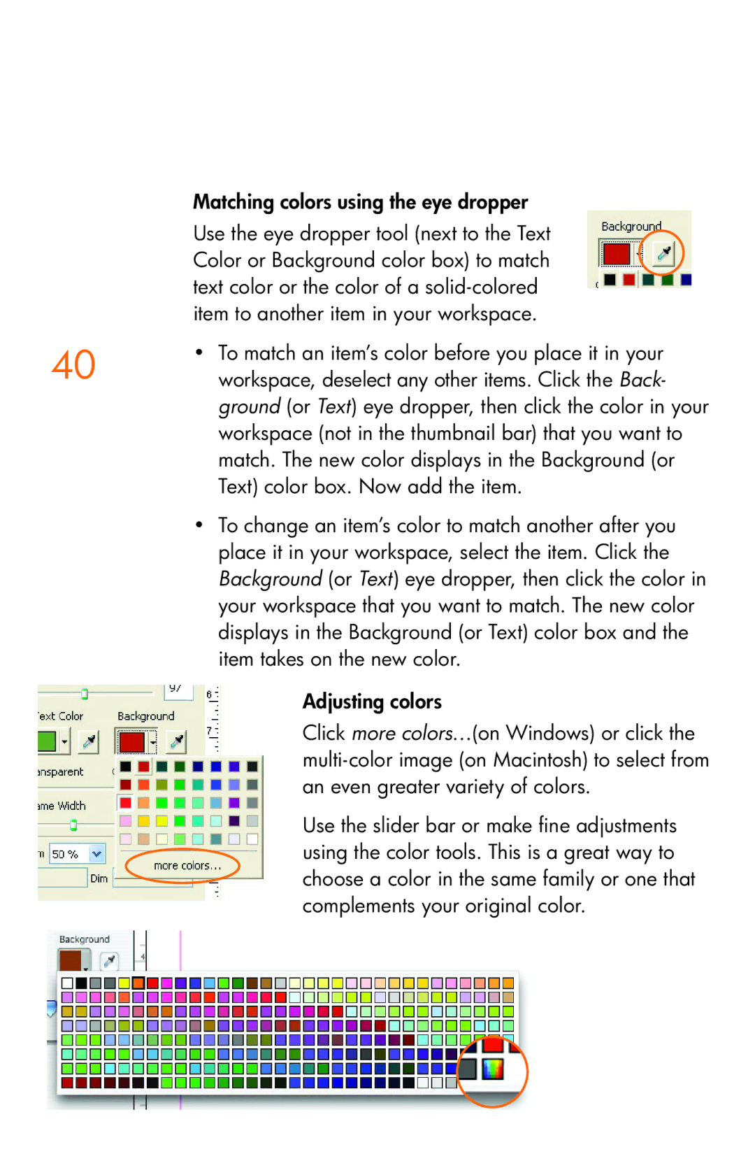 HP Creative Scrapbook Assistant Matching colors using the eye dropper, Workspace, deselect any other items. Click the Back 