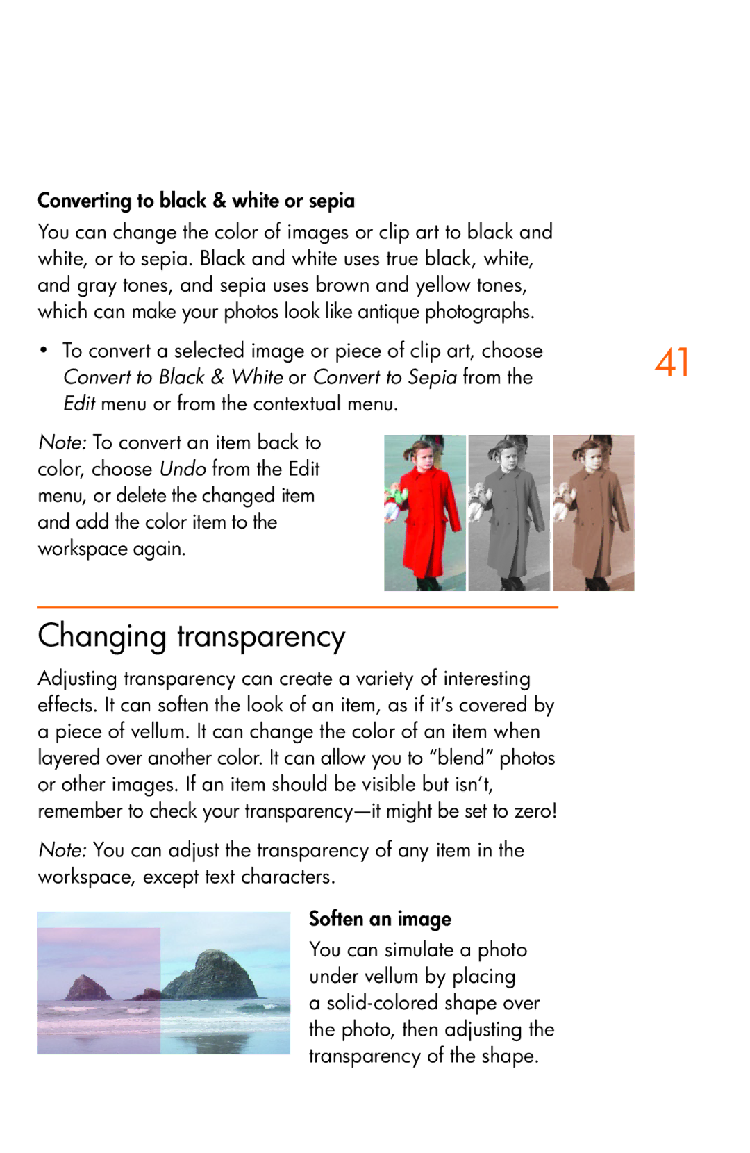 HP Creative Scrapbook Assistant manual Changing transparency, Convert to Black & White or Convert to Sepia from 