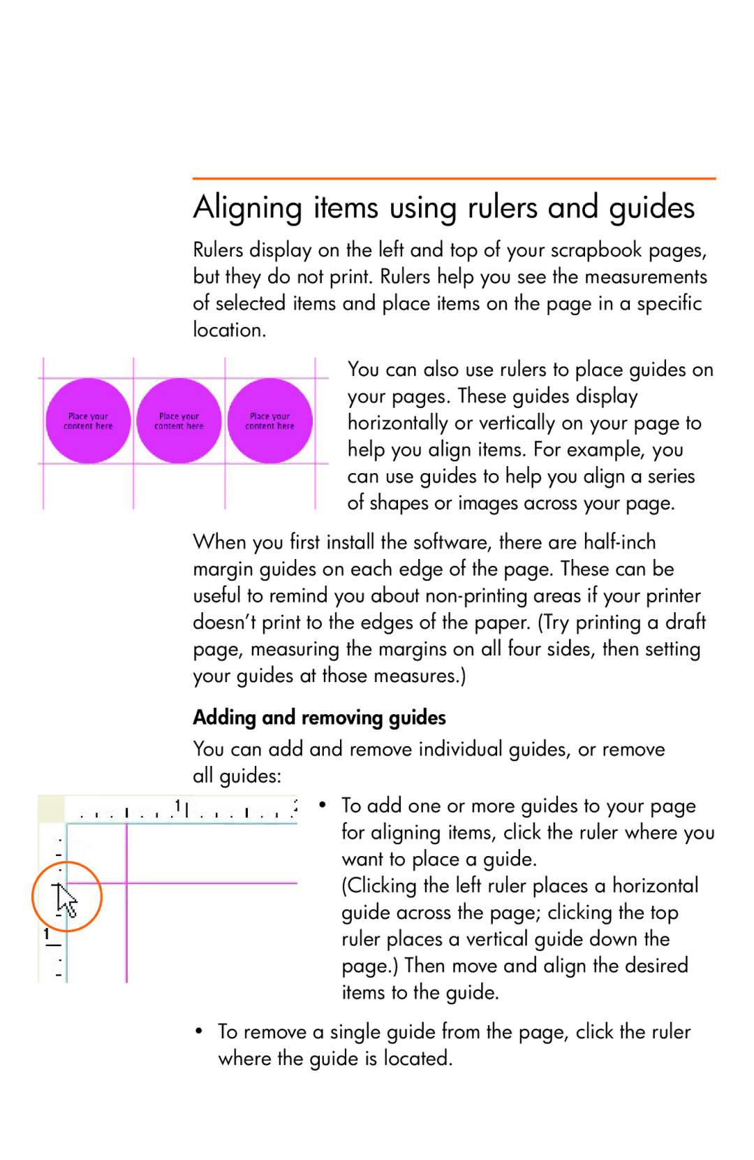 HP Creative Scrapbook Assistant manual Aligning items using rulers and guides 