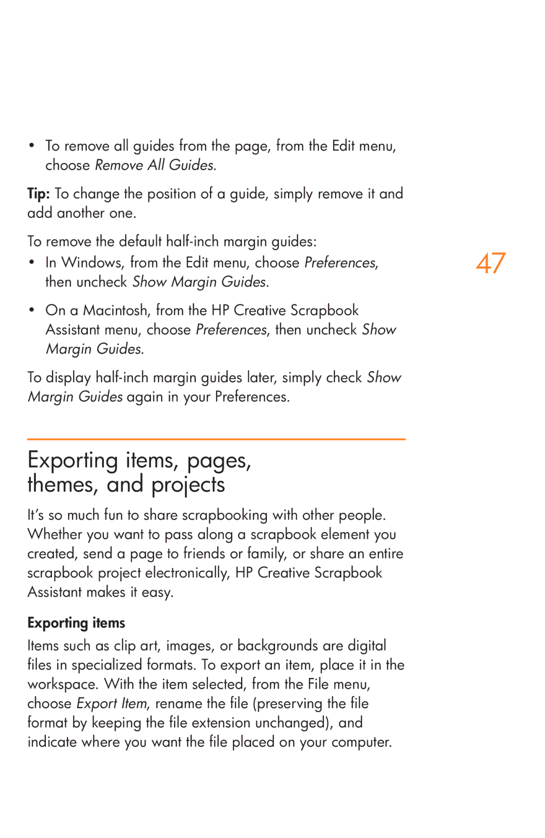HP Creative Scrapbook Assistant manual Exporting items, pages, themes, and projects, Then uncheck Show Margin Guides 