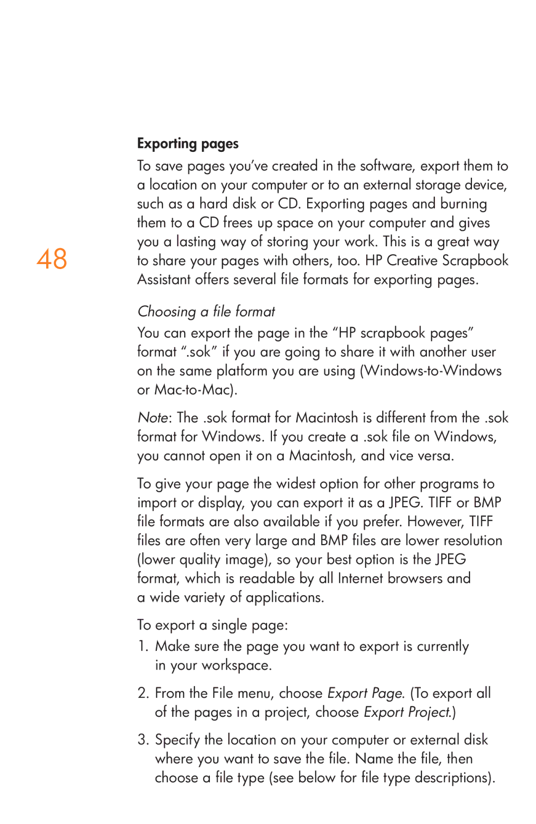 HP Creative Scrapbook Assistant manual Exporting pages, Choosing a file format 