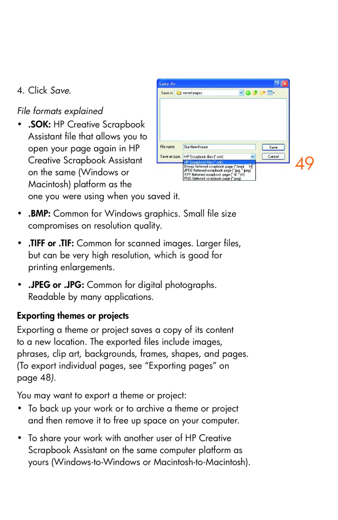 HP Creative Scrapbook Assistant manual Click Save, File formats explained 