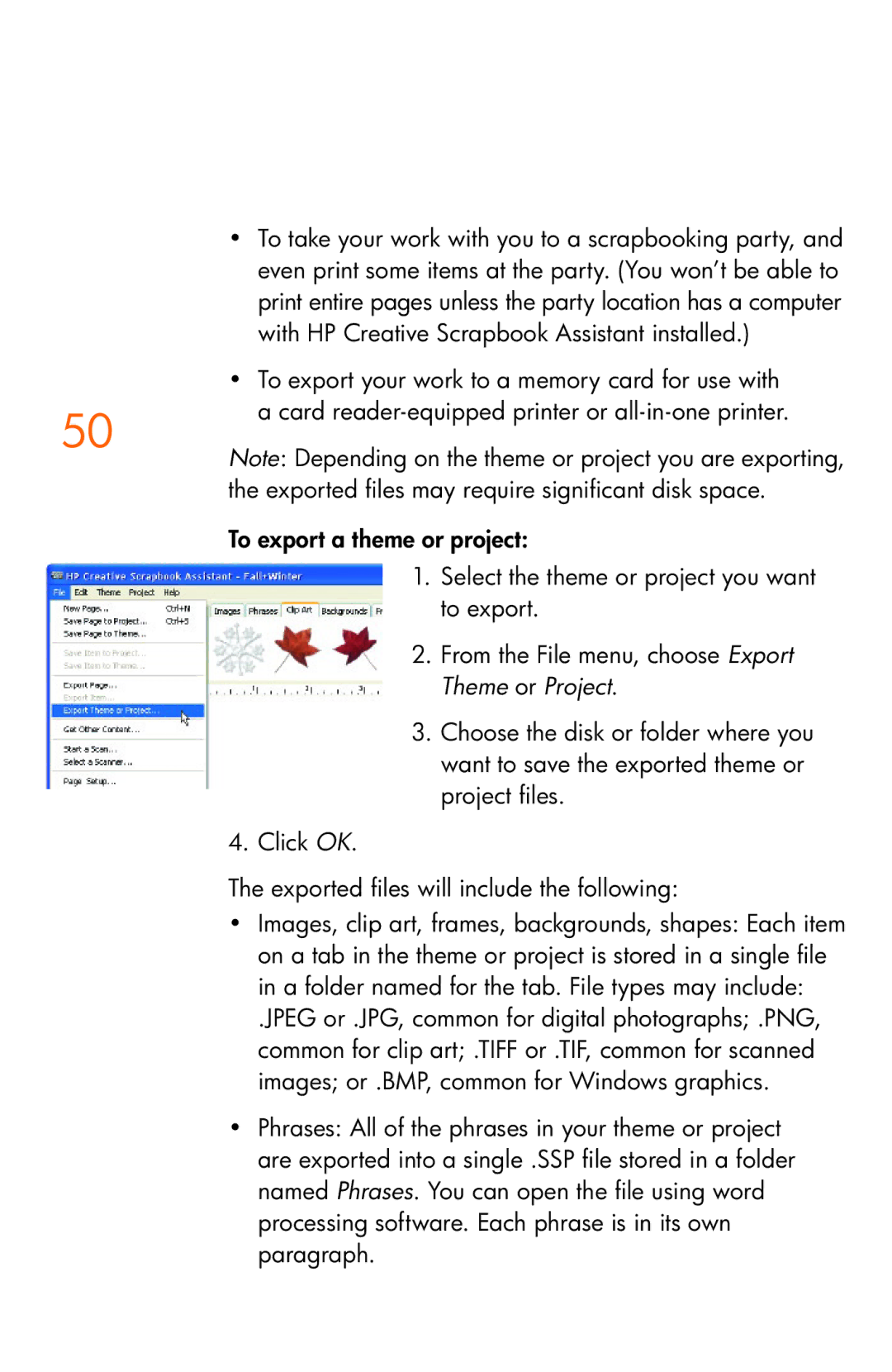 HP manual With HP Creative Scrapbook Assistant installed, To export your work to a memory card for use with 