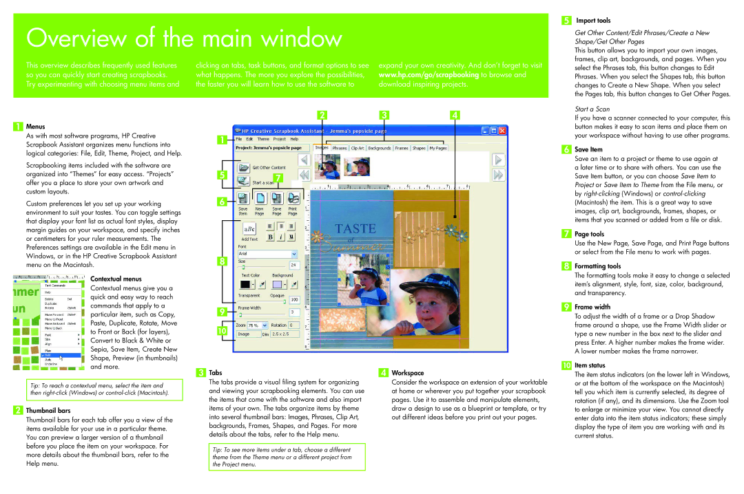 HP Creative Scrapbook Assistant Import tools, Menus, Viewing your scrapbooking elements. You can use, Save Item, Tools 