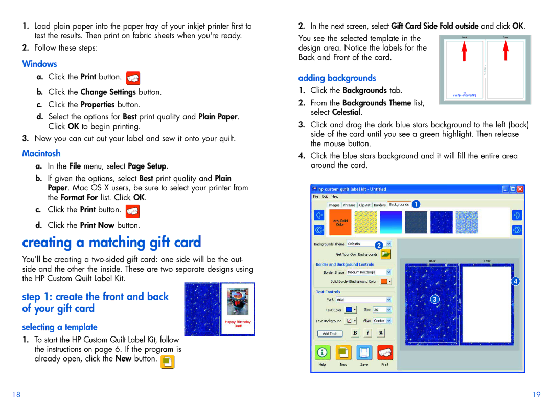 HP Custom Quilt Label Kit Creating a matching gift card, Create the front and back of your gift card, Selecting a template 