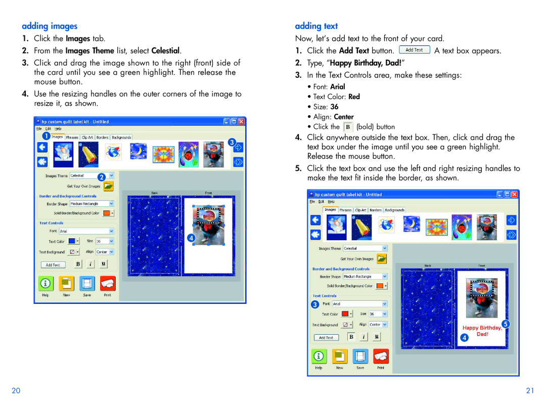 HP Custom Quilt Label Kit manual Adding images, Adding text 