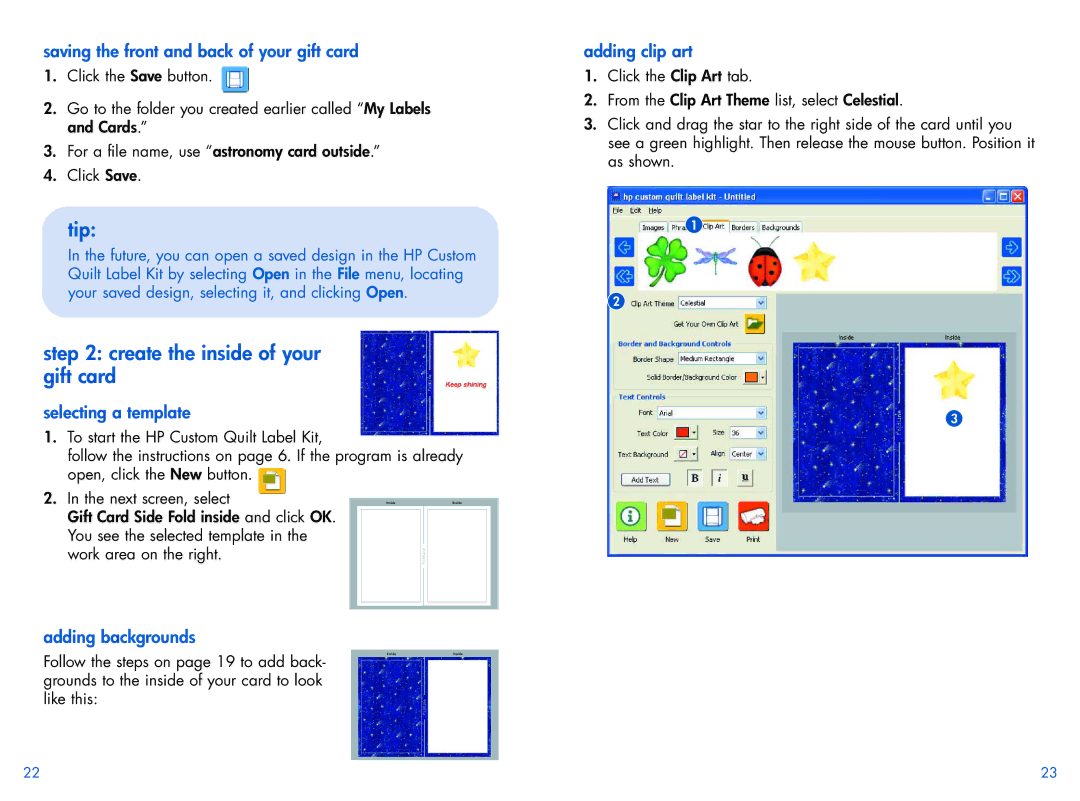 HP Custom Quilt Label Kit manual Create the inside of your gift card, Saving the front and back of your gift card 
