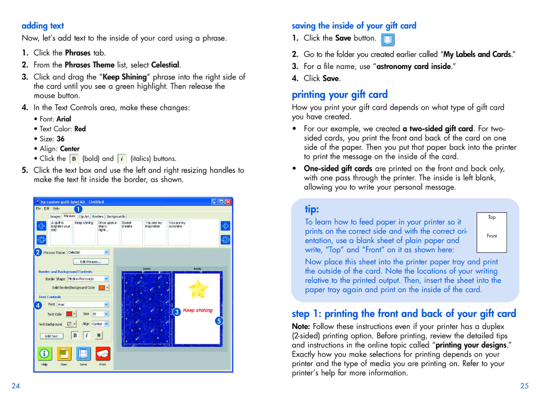HP Custom Quilt Label Kit manual Printing your gift card, Printing the front and back of your gift card 