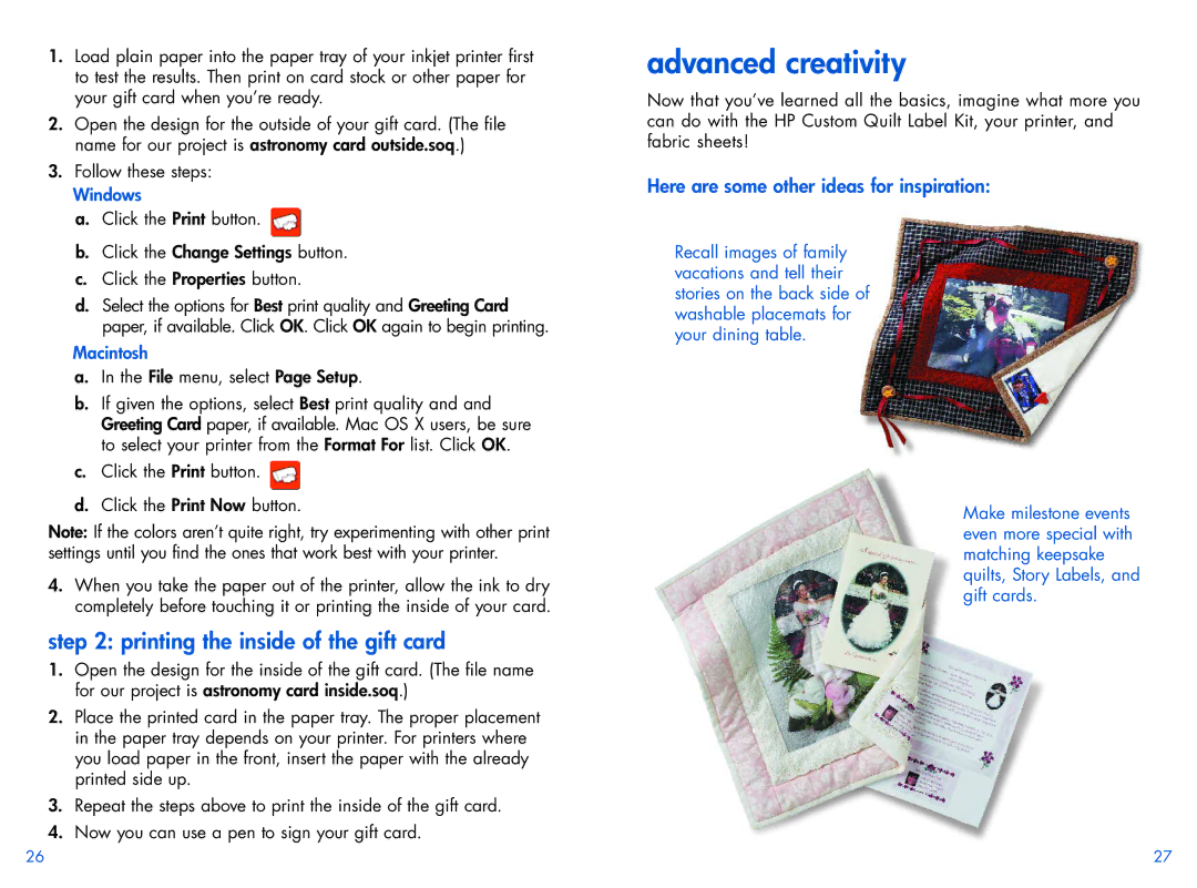 HP Custom Quilt Label Kit manual Advanced creativity, Printing the inside of the gift card 