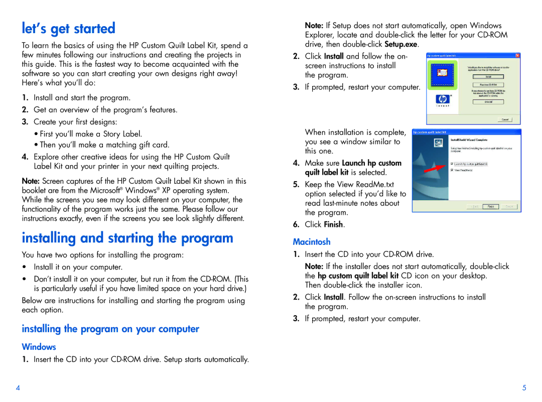 HP Custom Quilt Label Kit Let’s get started, Installing and starting the program, Installing the program on your computer 