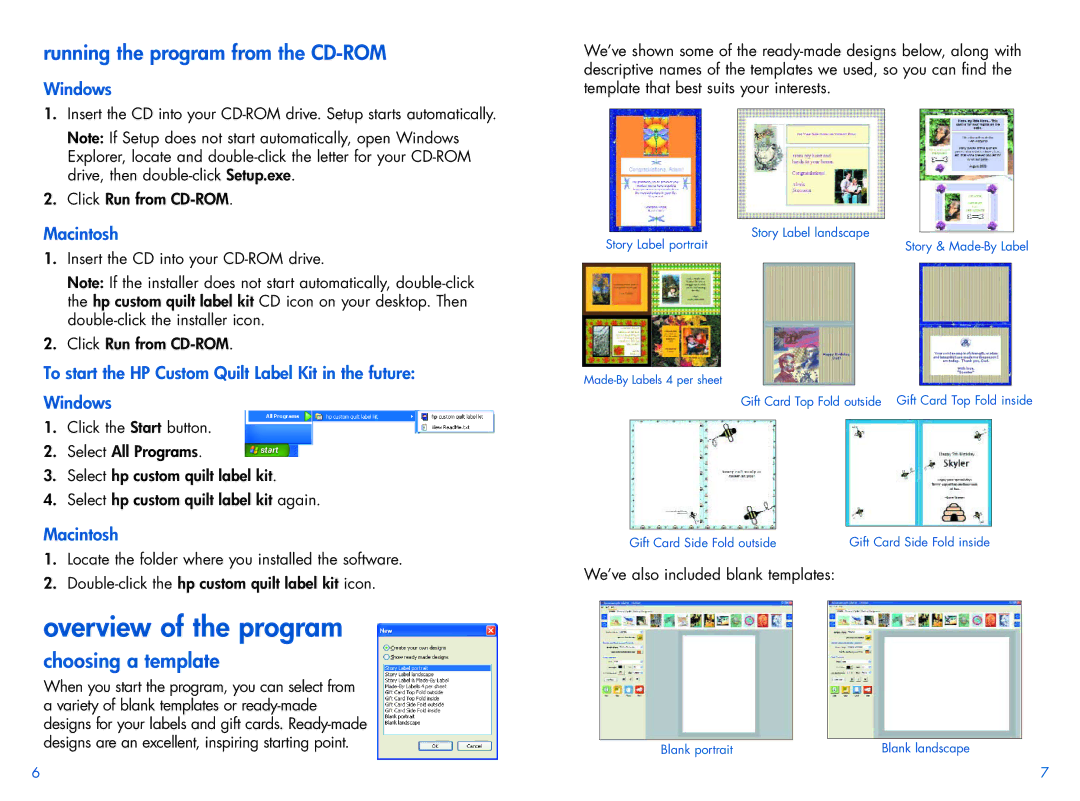 HP Custom Quilt Label Kit manual Overview of the program, Running the program from the CD-ROM, Choosing a template 