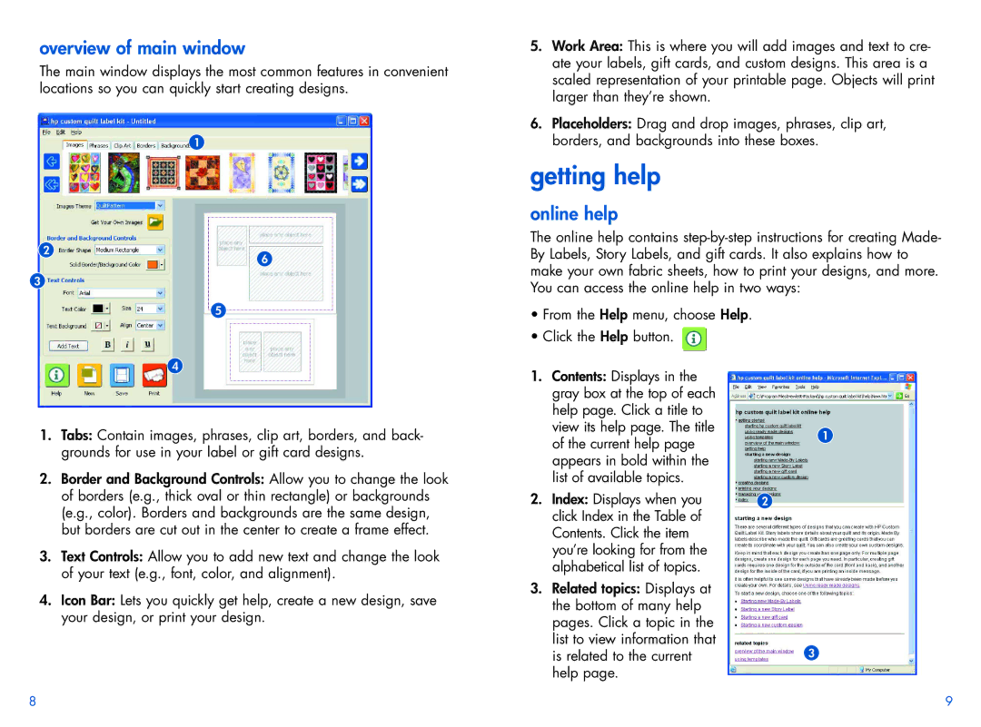 HP Custom Quilt Label Kit manual Getting help, Overview of main window, Online help 