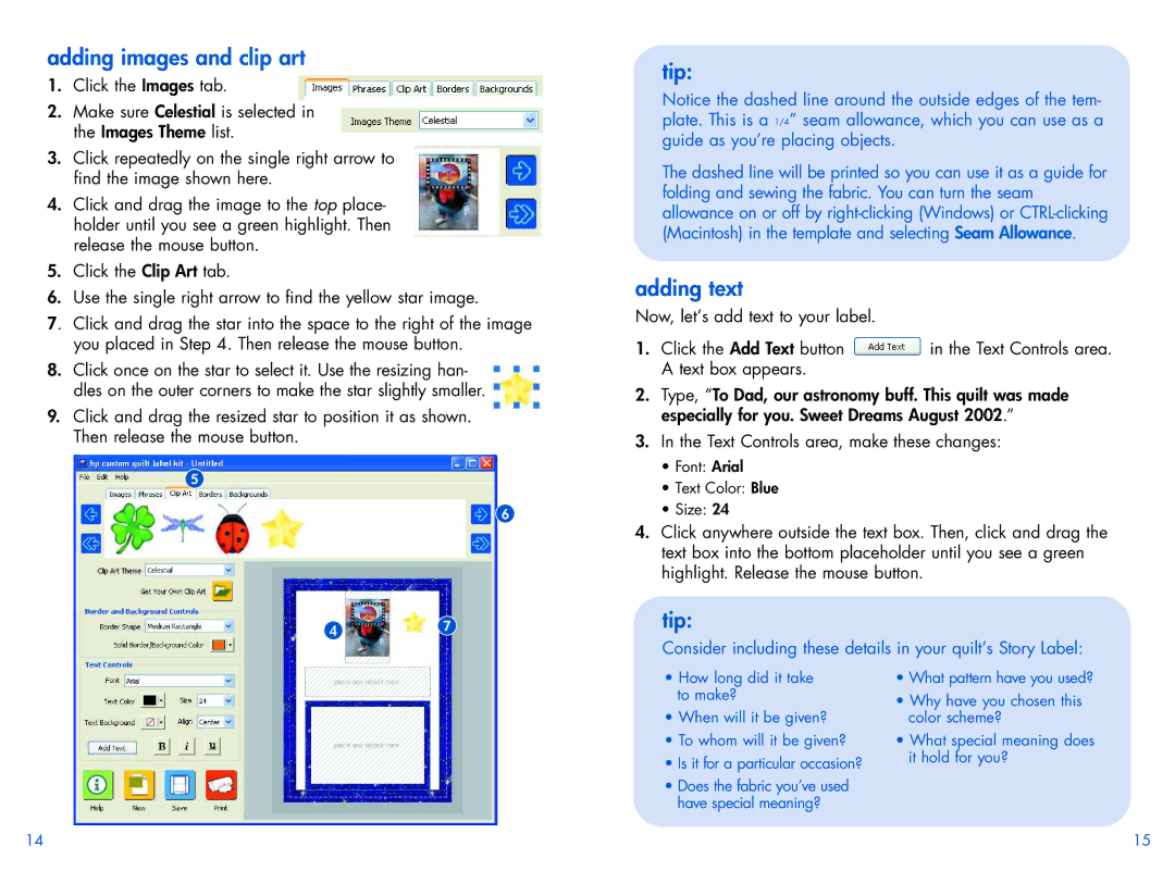 HP Custom Quilt Label Kit manual Adding images and clip art, Adding text 