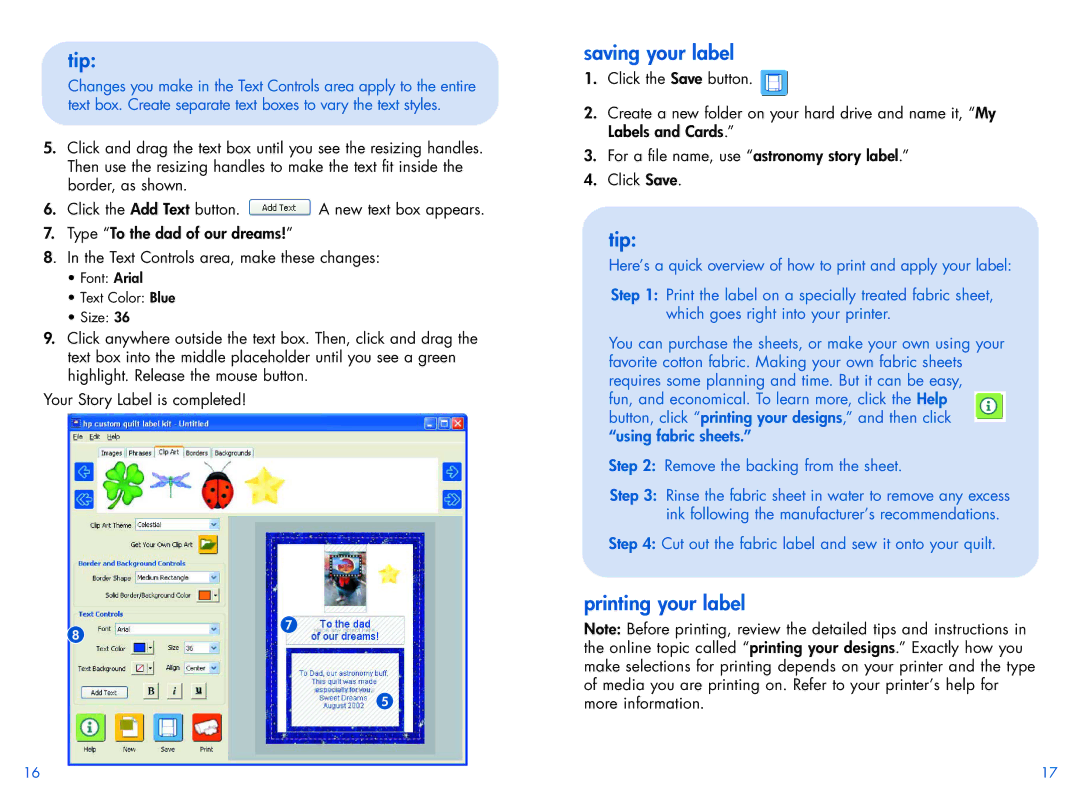 HP Custom Quilt Label Kit manual Saving your label, Printing your label 