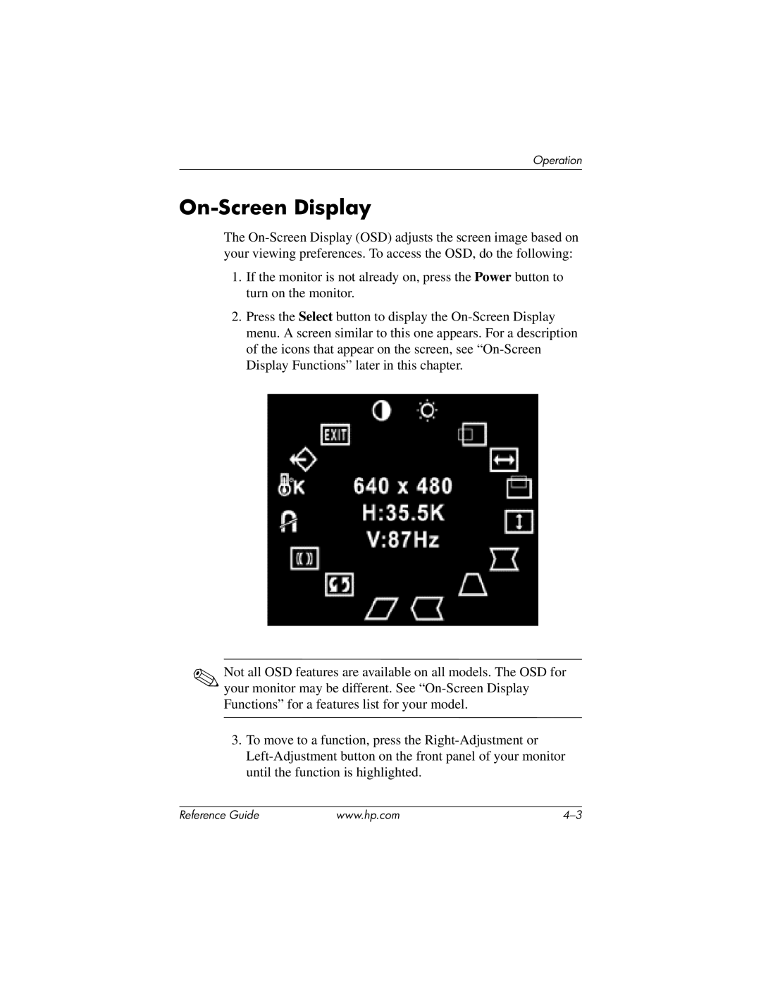 HP cv7500 manual On-Screen Display 