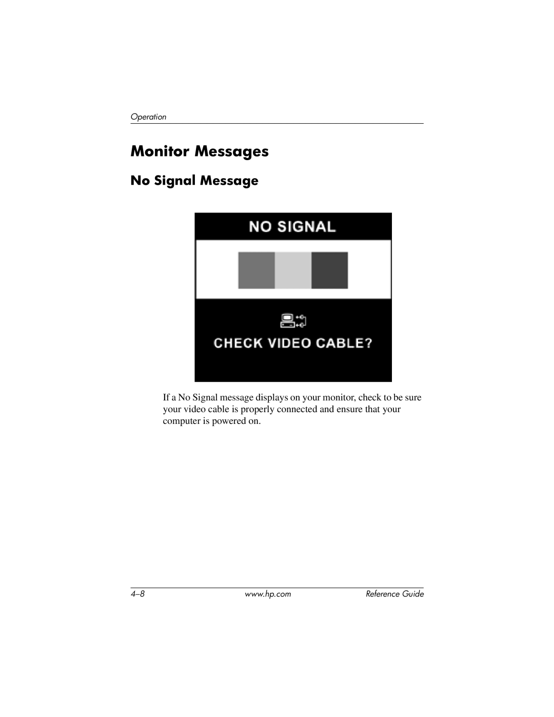 HP cv7500 manual Monitor Messages, No Signal Message 