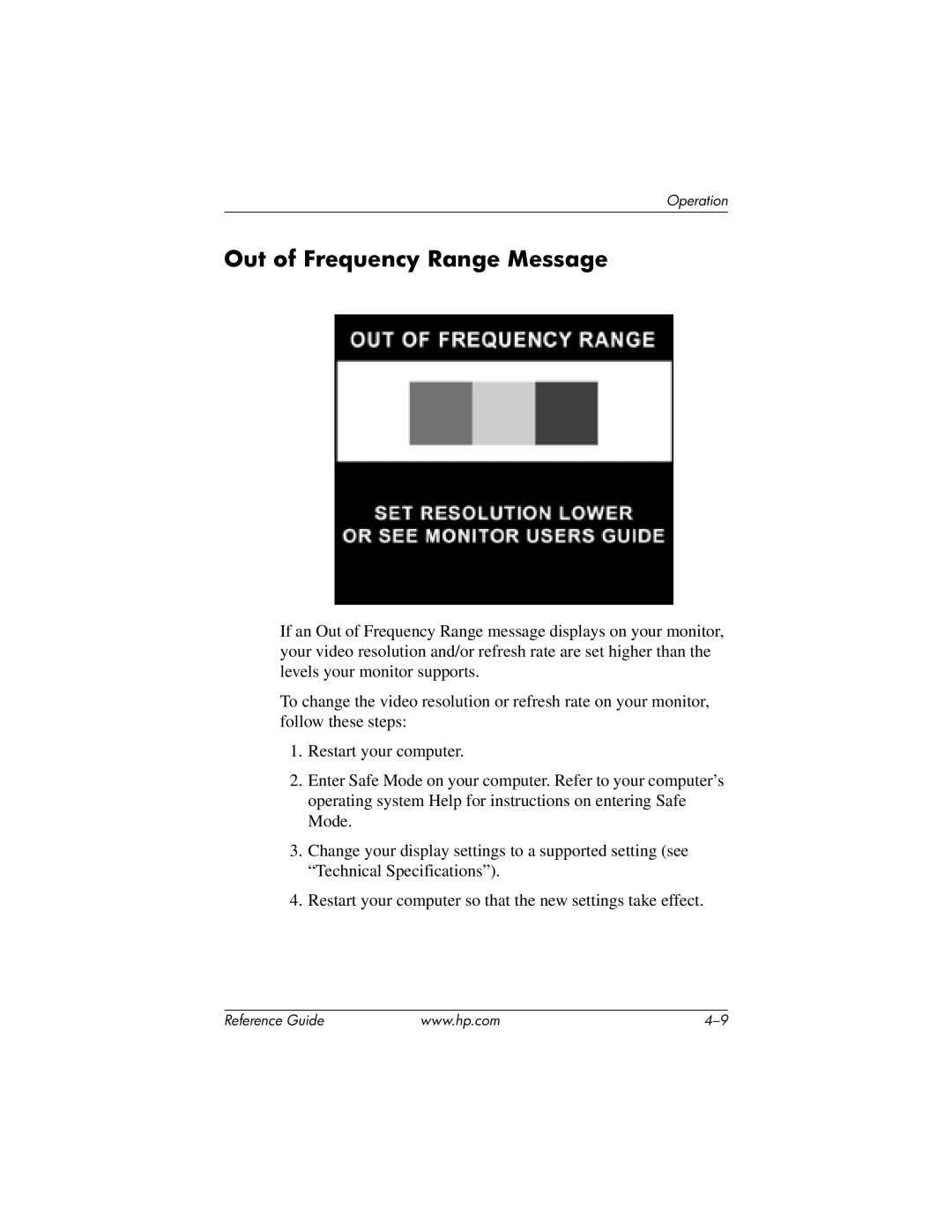 HP cv7500 manual Out of Frequency Range Message 