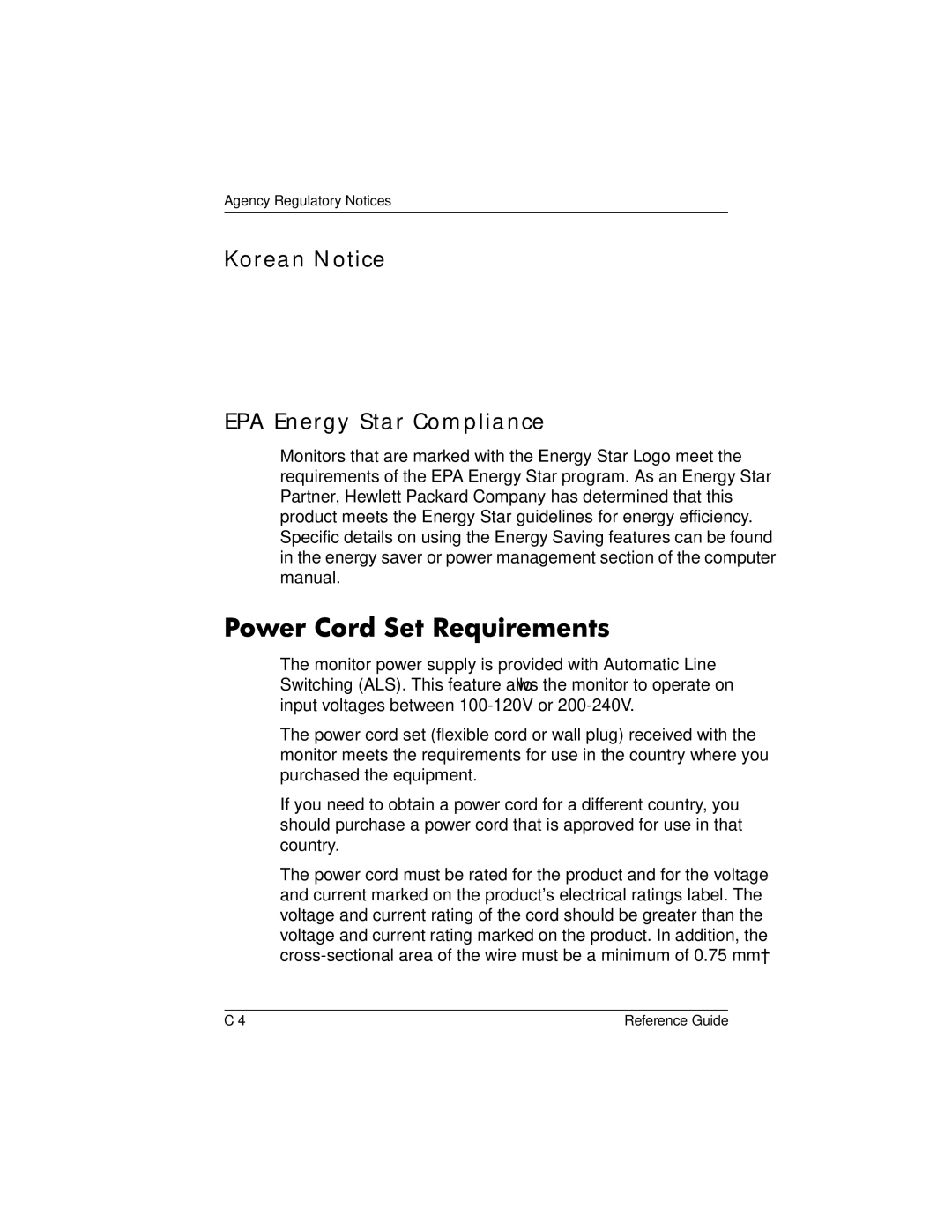 HP cv7500 manual Power Cord Set Requirements, Korean Notice EPA Energy Star Compliance 