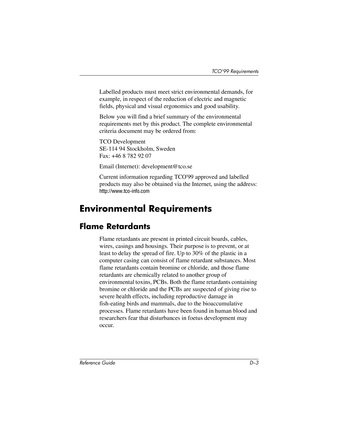 HP cv7500 manual Environmental Requirements, Flame Retardants 