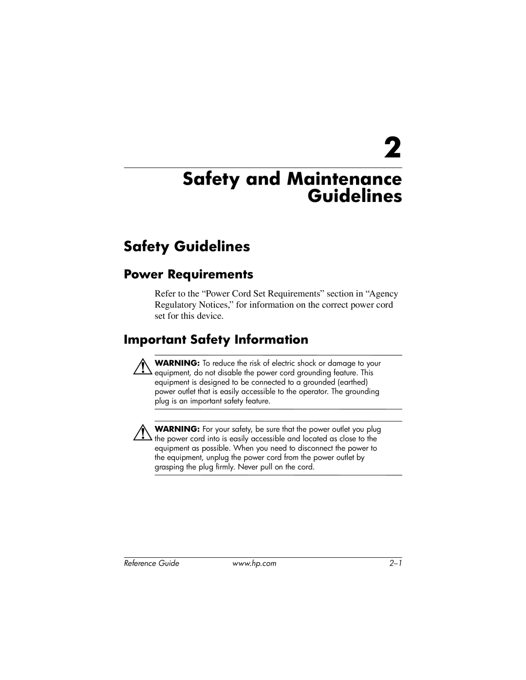 HP cv7500 manual Safety and Maintenance Guidelines, Safety Guidelines, Power Requirements, Important Safety Information 