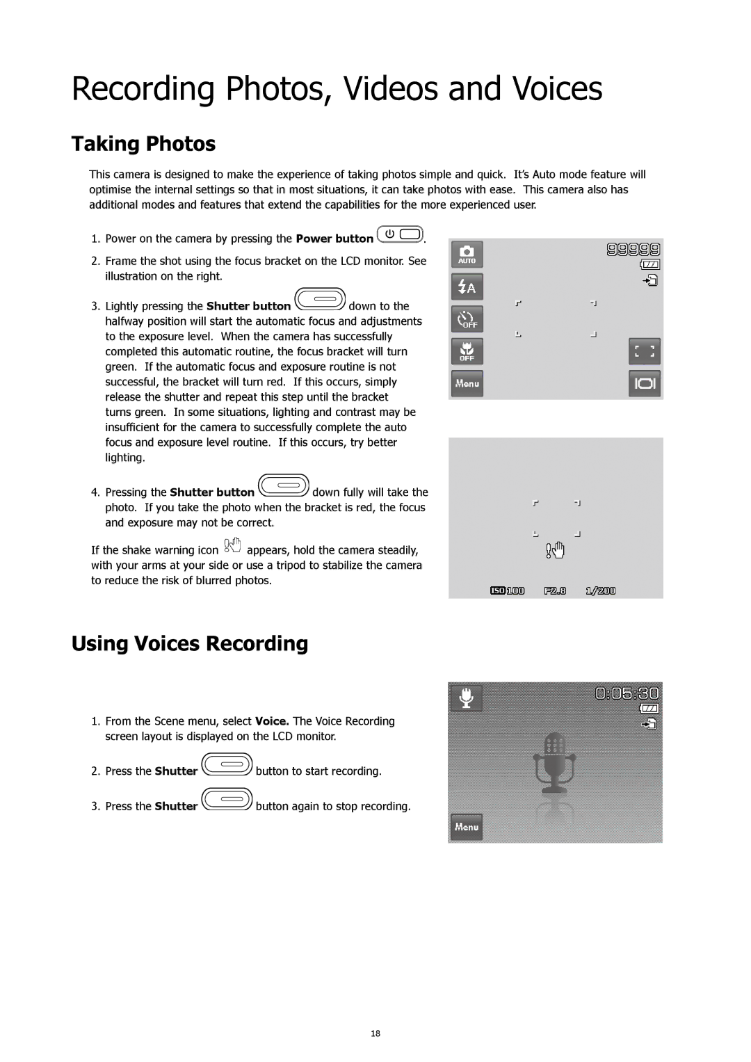 HP CW-450t manual Recording Photos, Videos and Voices, Taking Photos, Using Voices Recording 