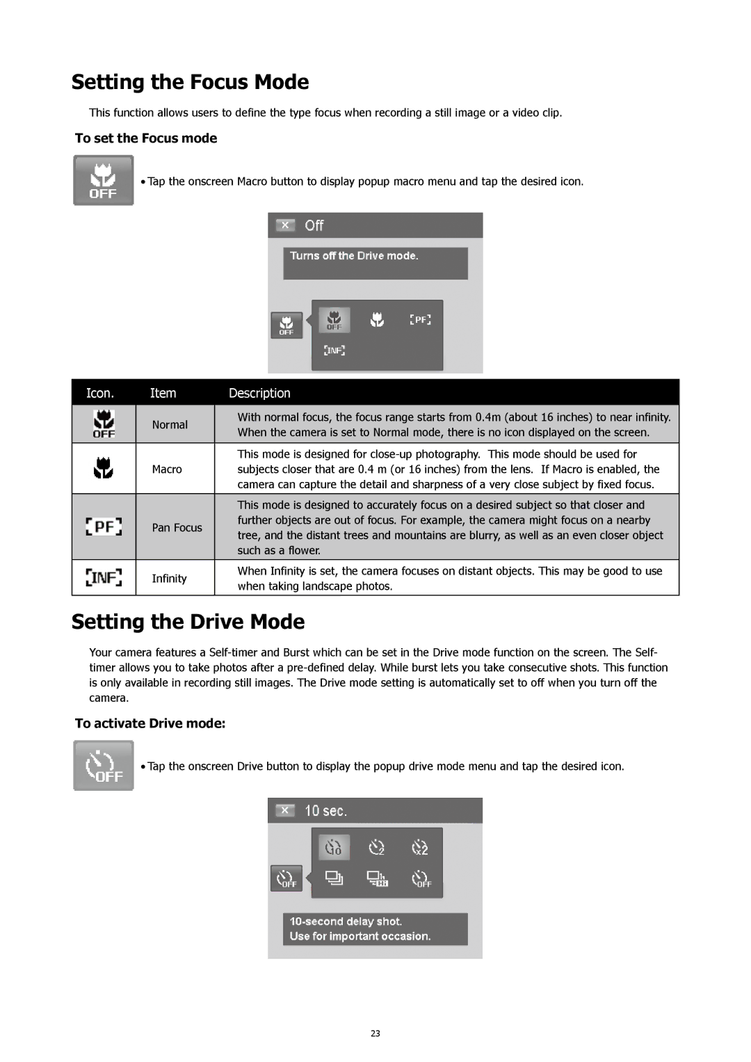 HP CW-450t manual Setting the Focus Mode, Setting the Drive Mode 