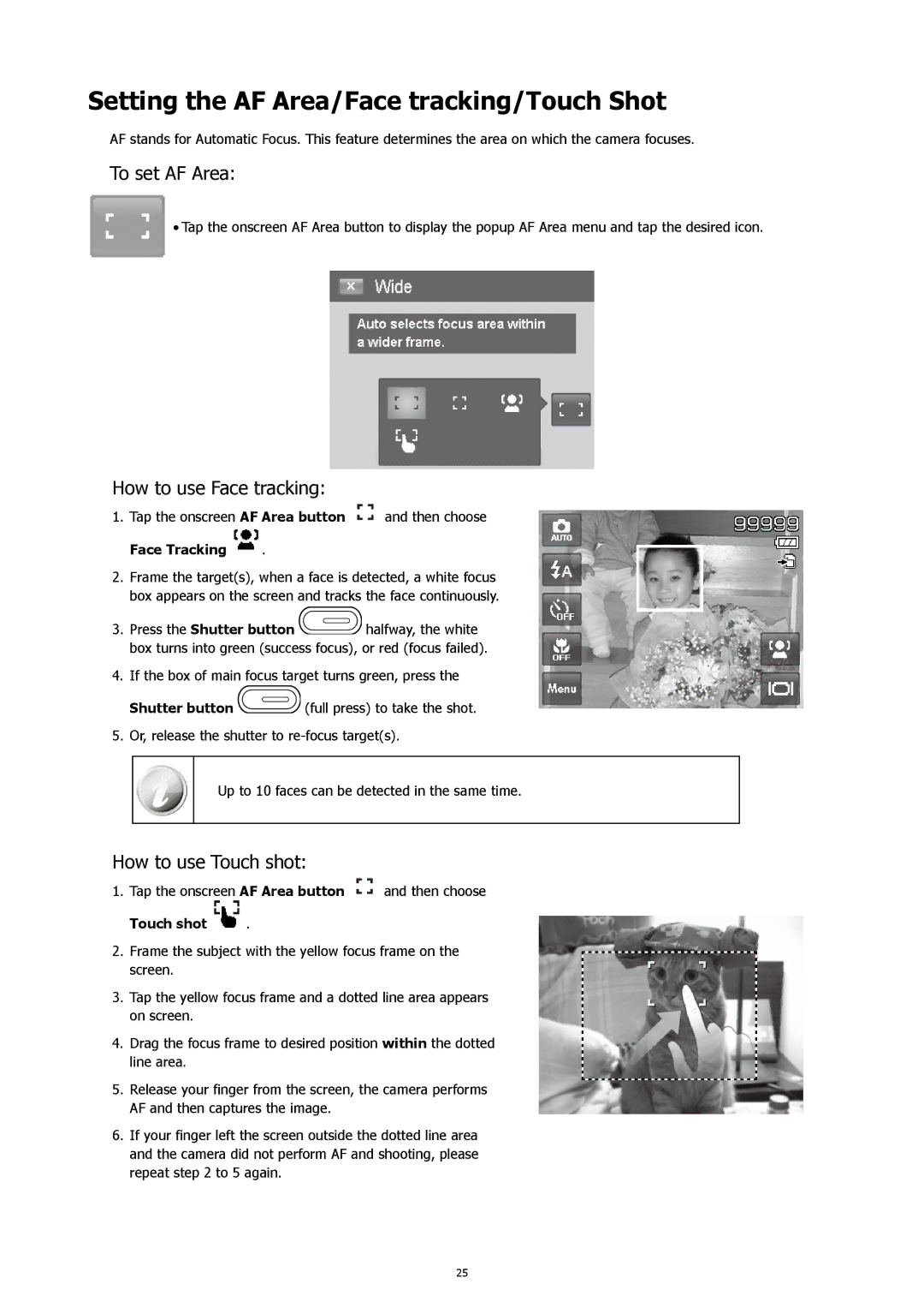 HP CW-450t Setting the AF Area/Face tracking/Touch Shot, To set AF Area, How to use Face tracking, How to use Touch shot 