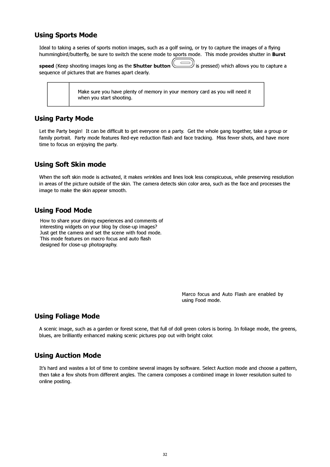 HP CW-450t manual Using Sports Mode, Using Party Mode, Using Soft Skin mode, Using Food Mode, Using Foliage Mode 