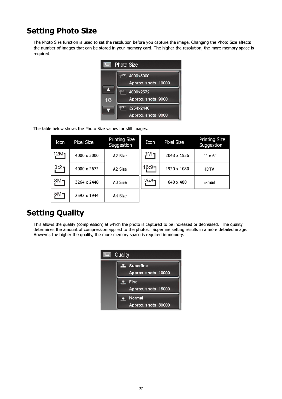 HP CW-450t manual Setting Photo Size, Setting Quality 