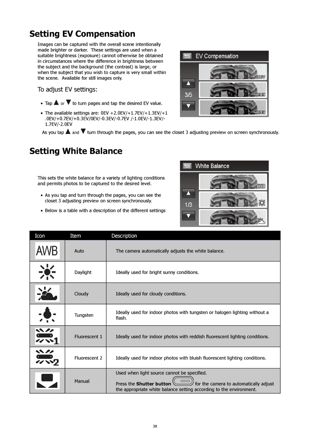 HP CW-450t manual Setting EV Compensation, Setting White Balance, To adjust EV settings 