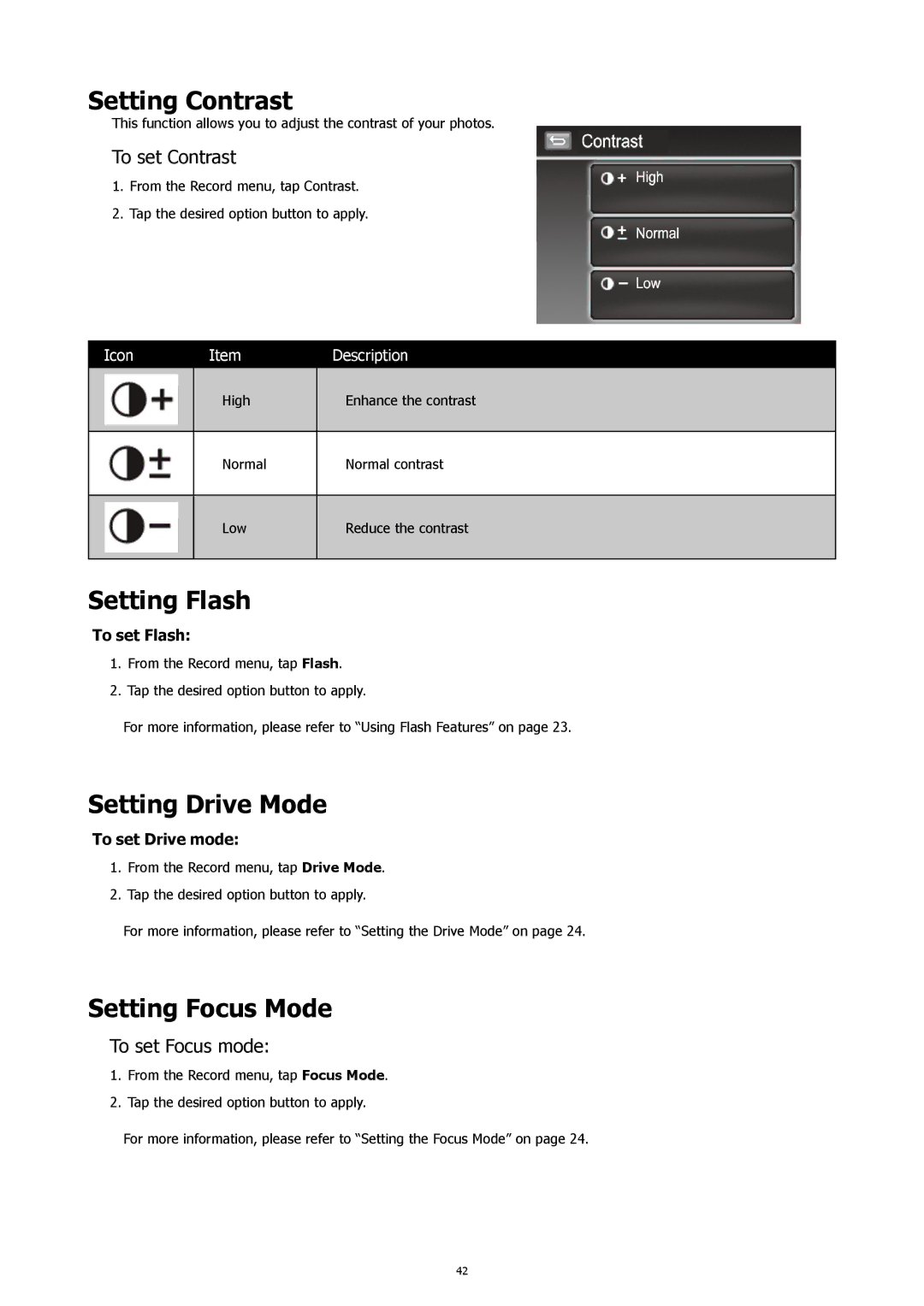 HP CW-450t manual Setting Contrast, Setting Flash, Setting Drive Mode, Setting Focus Mode 