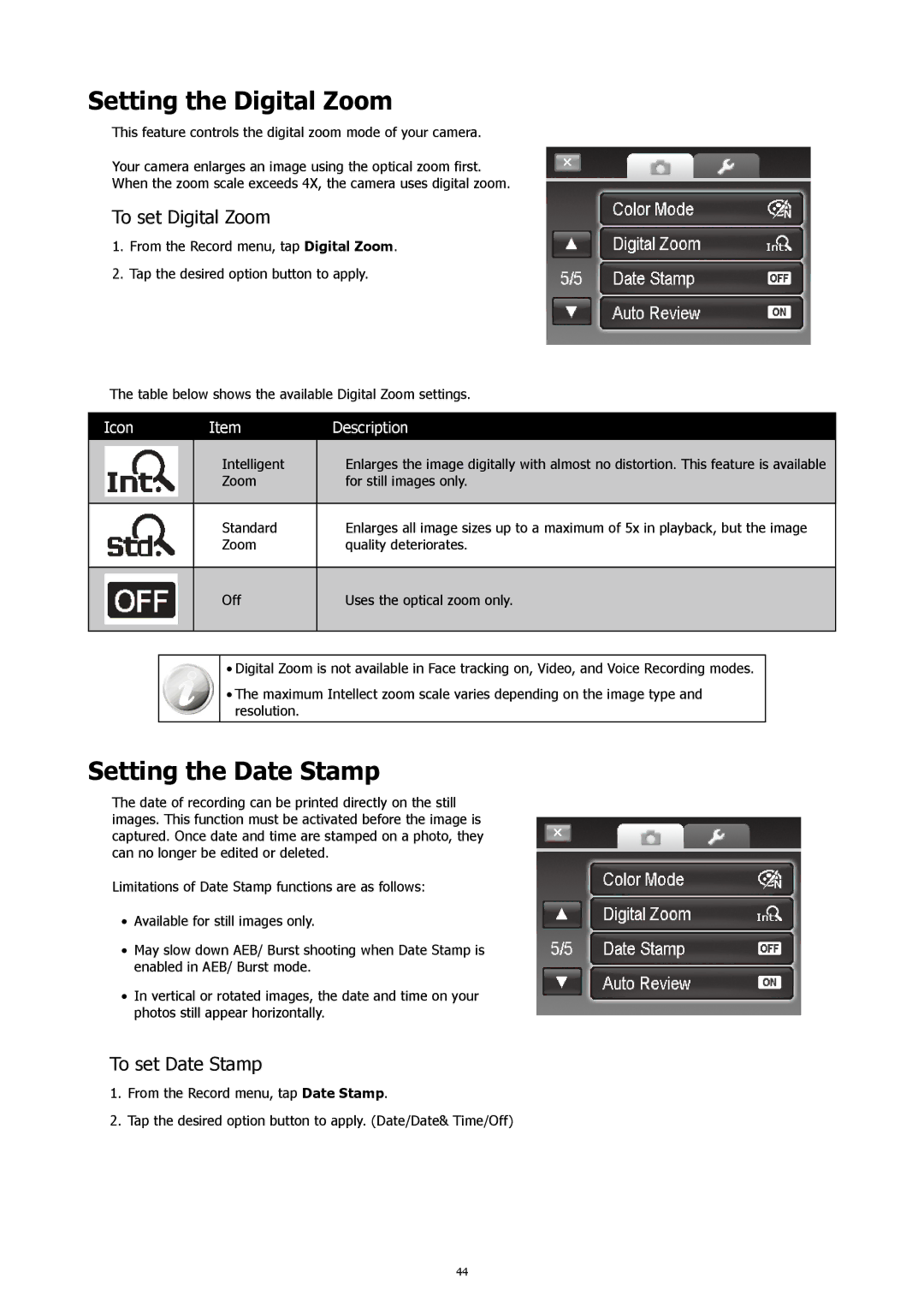 HP CW-450t manual Setting the Digital Zoom, Setting the Date Stamp, To set Digital Zoom, To set Date Stamp 