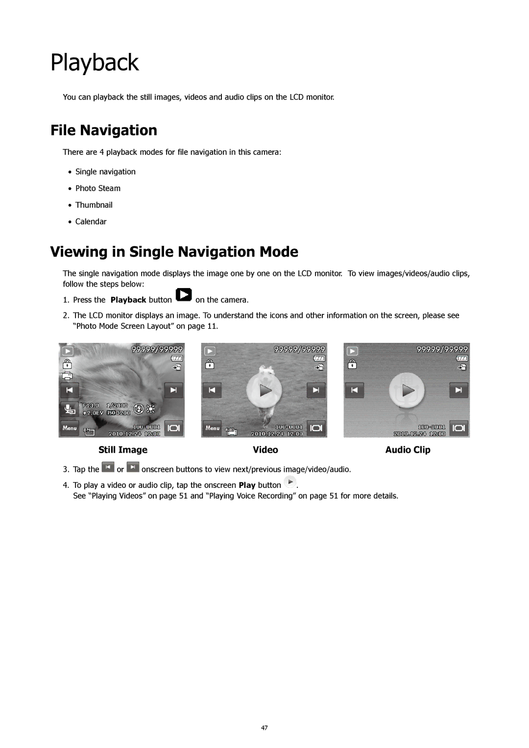 HP CW-450t manual Playback, File Navigation, Viewing in Single Navigation Mode 