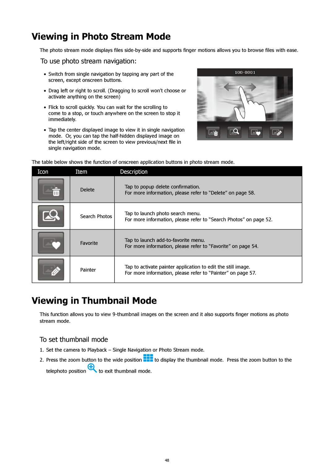 HP CW-450t Viewing in Photo Stream Mode, Viewing in Thumbnail Mode, To use photo stream navigation, To set thumbnail mode 