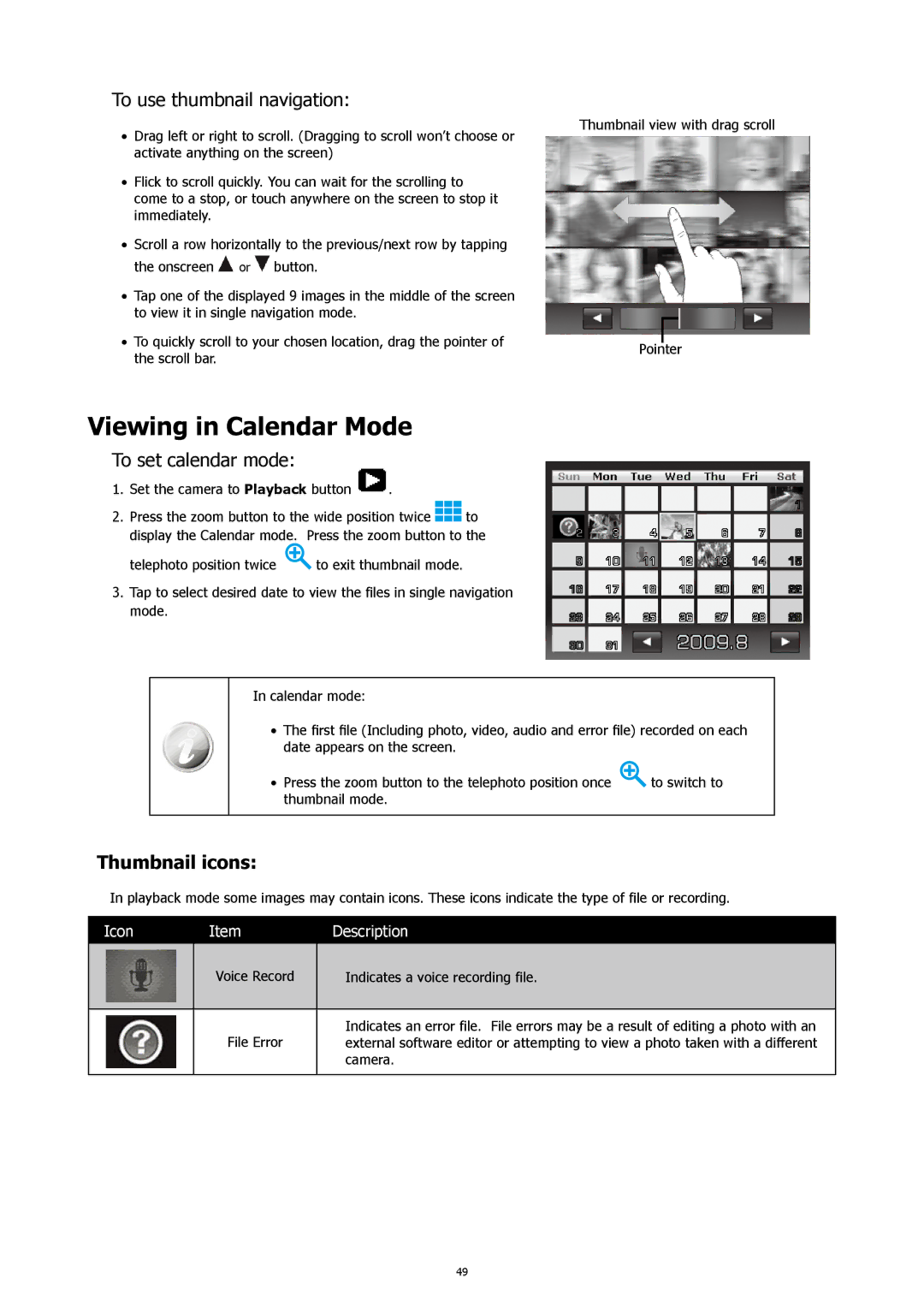 HP CW-450t manual Viewing in Calendar Mode, To use thumbnail navigation, To set calendar mode, Thumbnail icons 