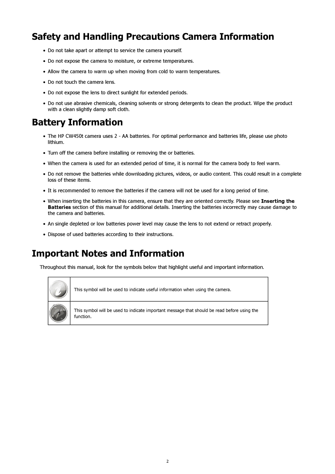 HP CW-450t manual Safety and Handling Precautions Camera Information, Battery Information, Important Notes and Information 