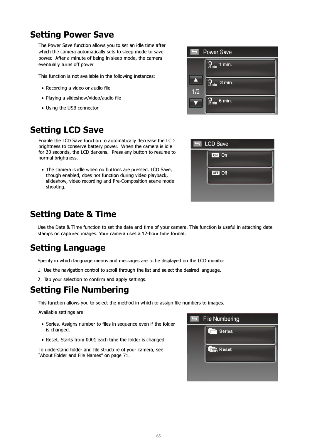 HP CW-450t manual Setting Power Save, Setting LCD Save, Setting Date & Time, Setting Language, Setting File Numbering 