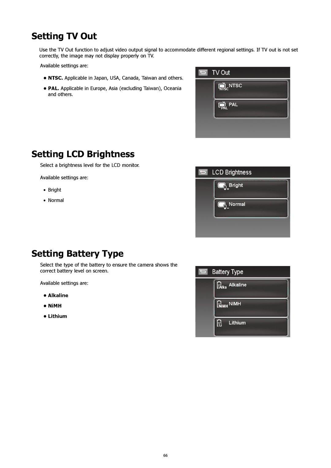 HP CW-450t manual Setting TV Out, Setting LCD Brightness, Setting Battery Type 