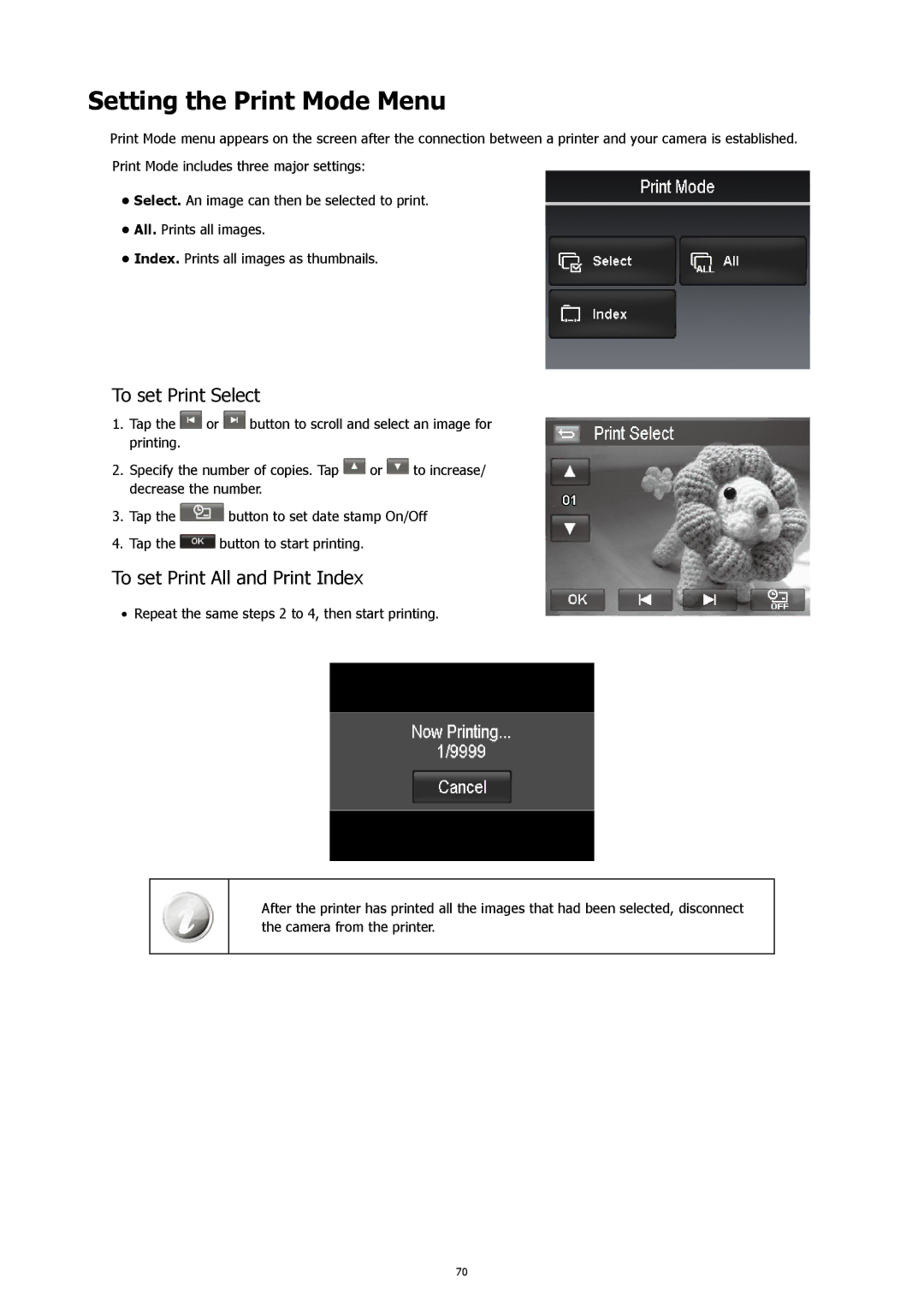 HP CW-450t manual Setting the Print Mode Menu, To set Print Select, To set Print All and Print Index 