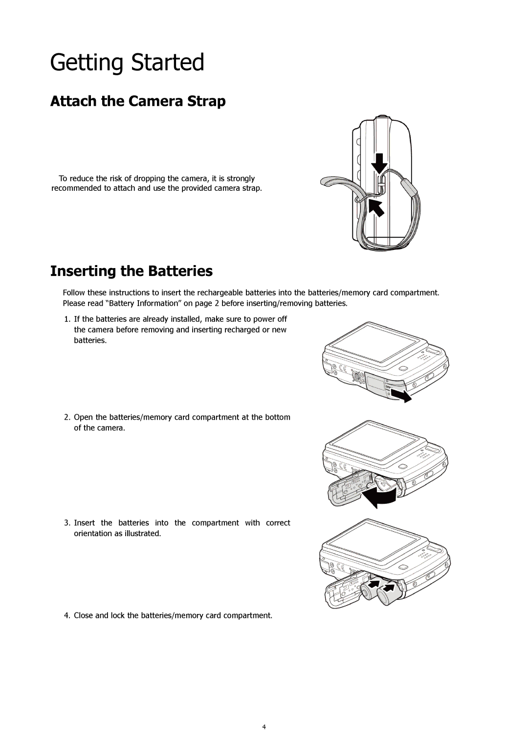 HP CW-450t manual Getting Started, Attach the Camera Strap, Inserting the Batteries 