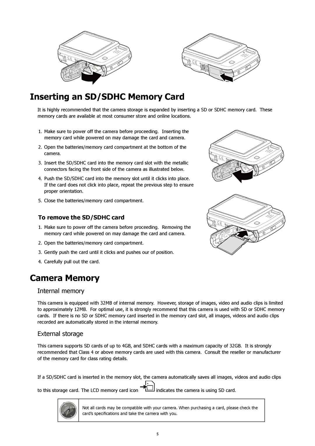 HP CW-450t manual Inserting an SD/SDHC Memory Card, Camera Memory, Internal memory, External storage 