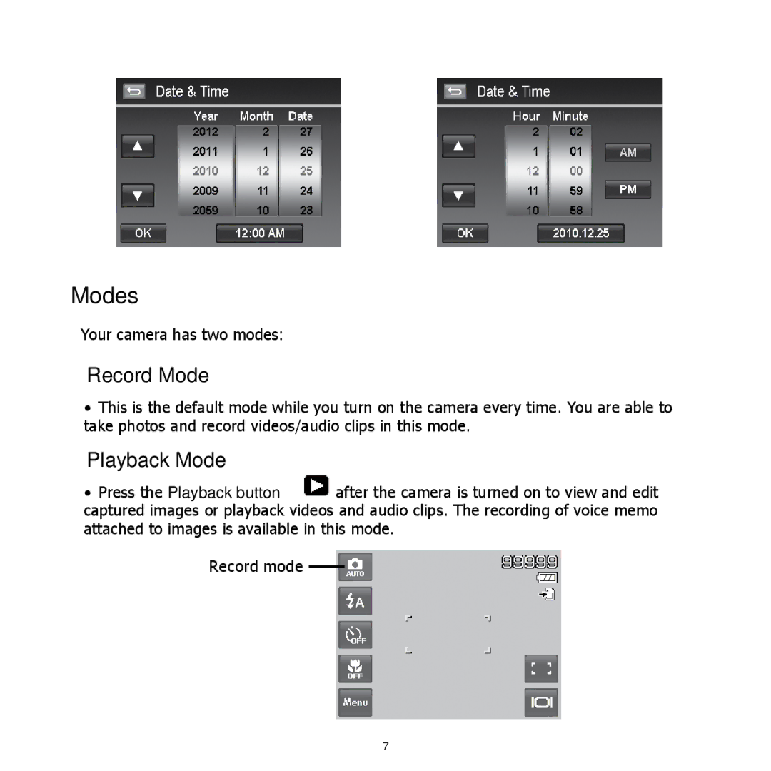 HP CW-450t manual Modes, Record Mode, Playback Mode 