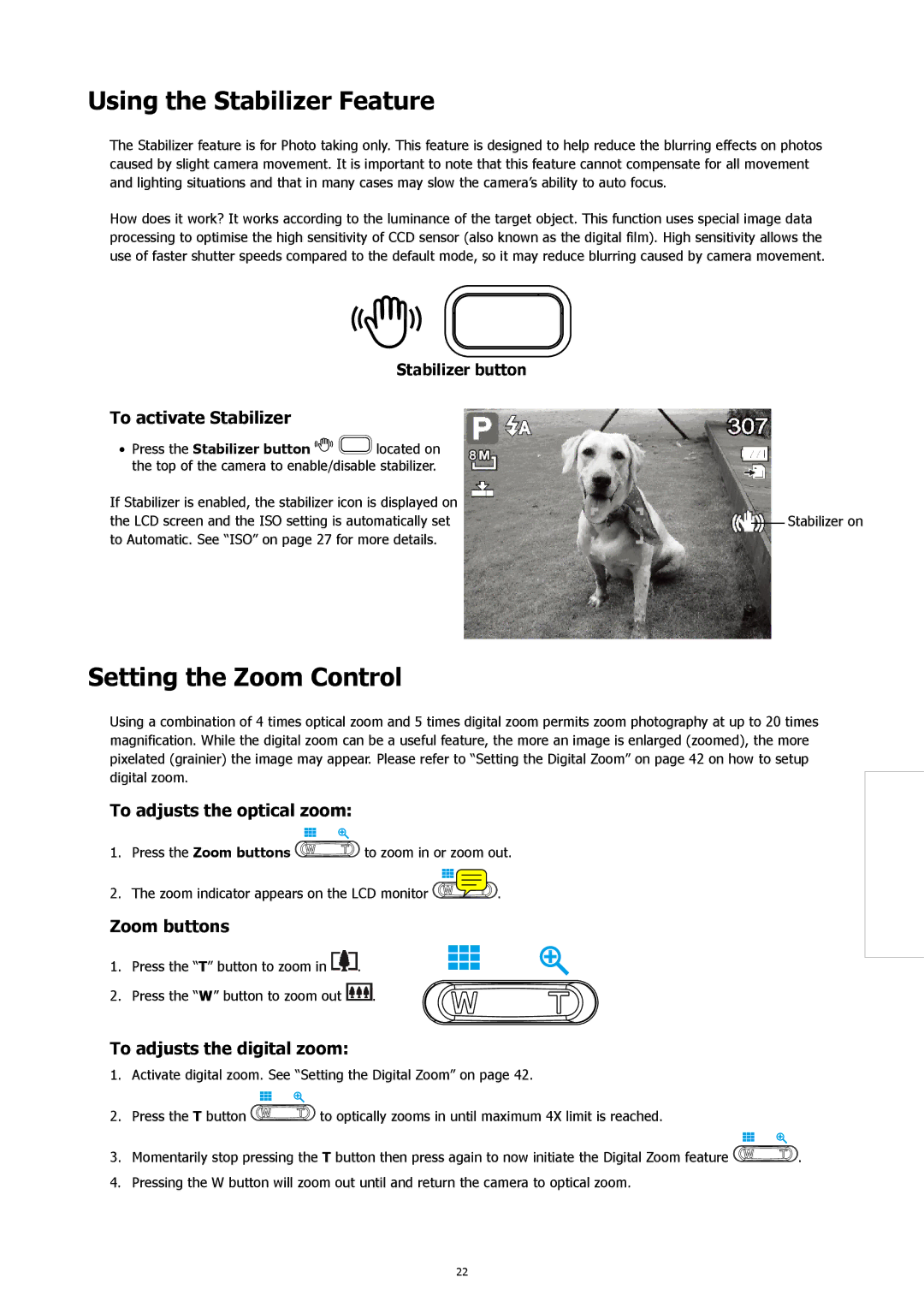 HP CW450A manual Using the Stabilizer Feature, Setting the Zoom Control 