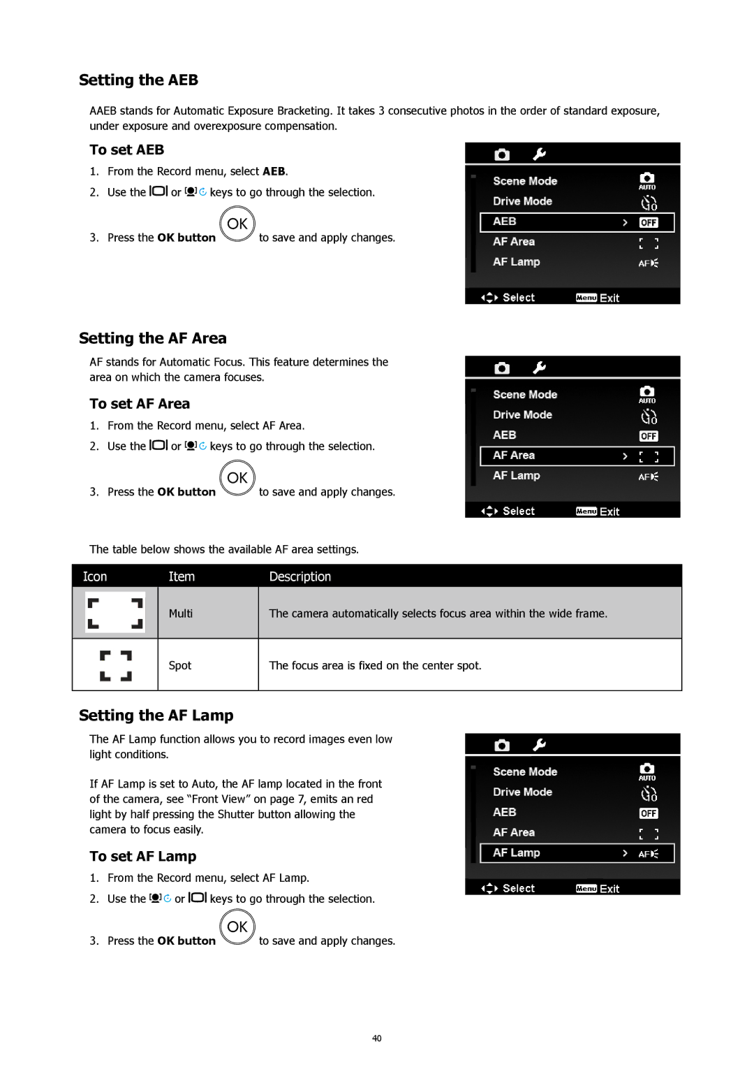 HP CW450A manual Setting the AEB, Setting the AF Area, Setting the AF Lamp 