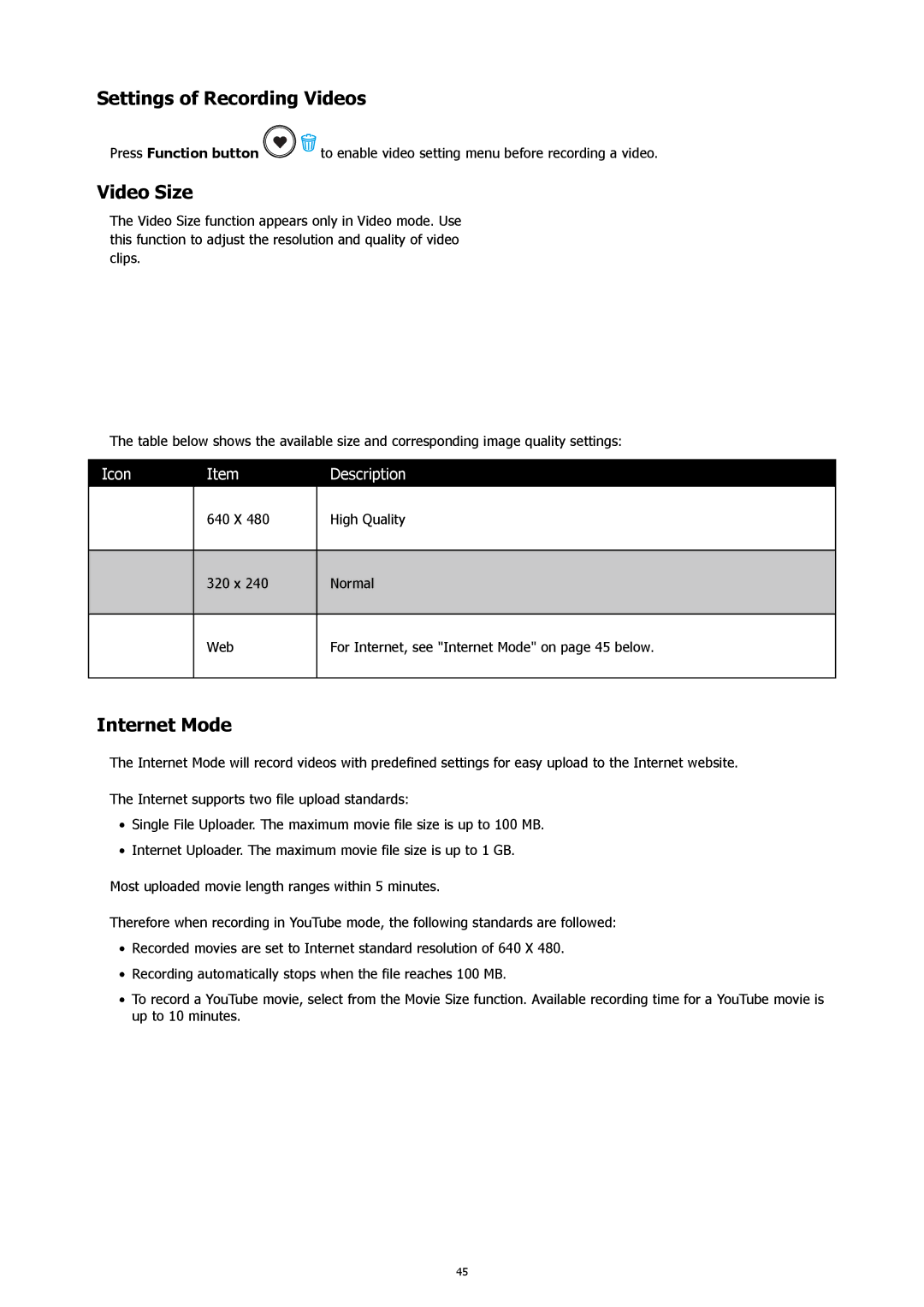 HP CW450A manual Settings of Recording Videos, Video Size, Internet Mode 