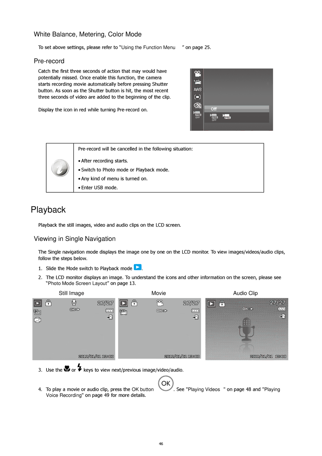 HP CW450A manual Playback, White Balance, Metering, Color Mode, Pre-record, Viewing in Single Navigation 